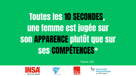 Toutes les 10 SECONDES, une femme est jugée sur son APPARENCE plutôt que sur ses COMPÉTENCES* *Source: HCE INSA HAUTS-DE-FRANCE Fédération des Etudiants ÉLUS ÉTUDIANTS INSA MAUTS-DE-FRAN Université Polytechnique HAUTS-DE-FRANCE