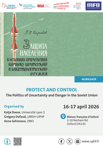 Affiche au style rétro avec une fusée rouge et un avion, comportant un texte en russe sur la protection des populations face aux armes nucléaires, chimiques et biologiques.