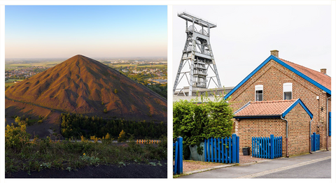 À gauche, un terril conique dominant un paysage de campagne ; à droite, une maison en briques avec un chevalement de mine métallique visible en arrière-plan.