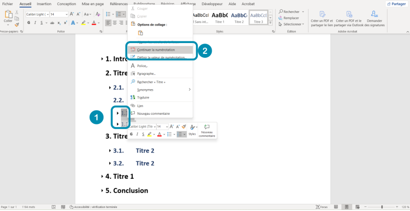 Interface Word montrant un clic droit sur la numérotation d’un titre de niveau 3. Le menu contextuel affiche l’option “Continuer la numérotation”, utilisée pour aligner la numérotation des sous‑titres avec celle des titres précédents.