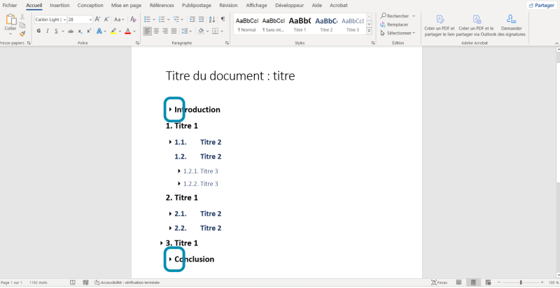 Interface Word montrant la suppression des numérotations devant l'introduction et la conclusion.