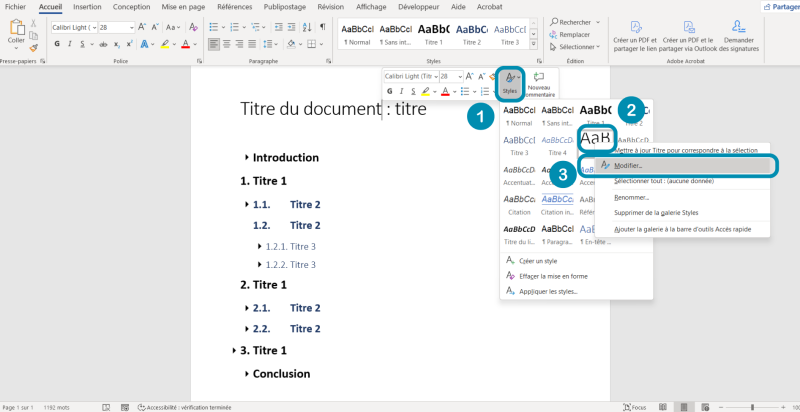 Interface Word qui montre comment modifier un style de titre via le menu "Styles" qui apparaît lorsqu'on fait un clic droit sur un titre.