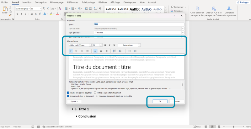 Interface Word pour modifier les styles: police, taille, couleur, etc.