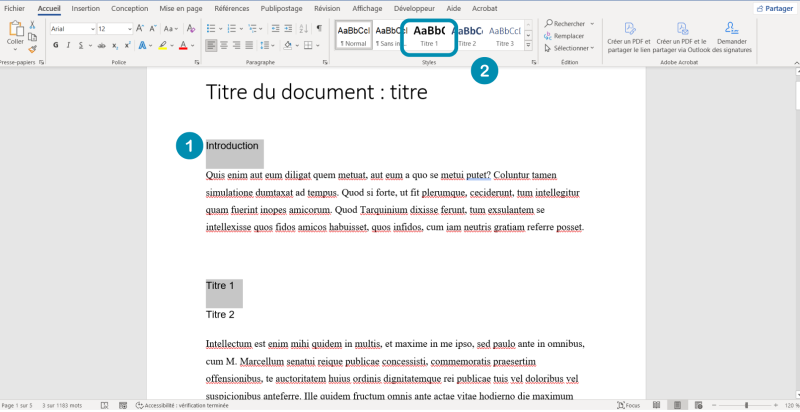 Interface Word affichant la galerie des styles, avec le style “Titre 1” mis en évidence. 