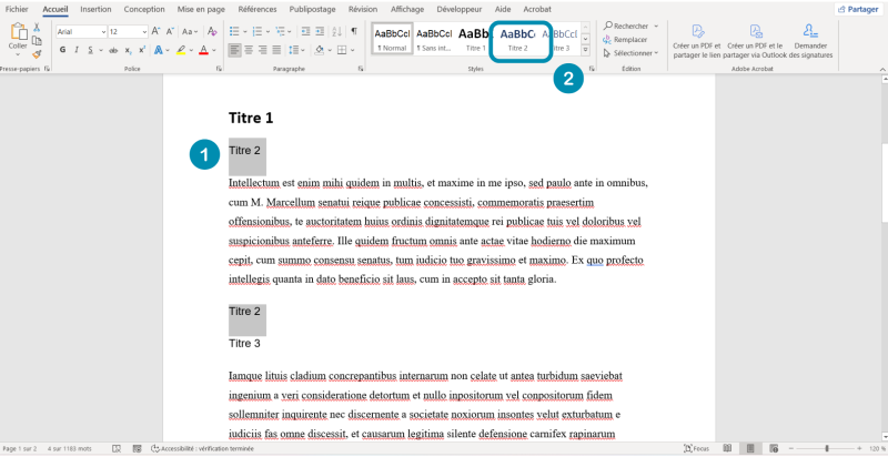  Interface Word affichant la galerie des styles, avec le style “Titre 2” mis en évidence. 