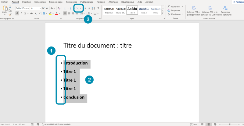 Page Word affichant les titres 1 repliés, et le menu déroulant d'attribution des niveaux de listes dans le bandeau.