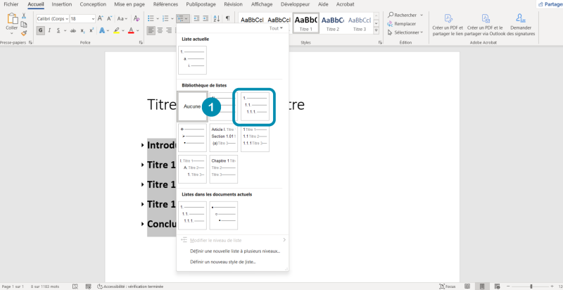 Interface Word affichant le menu déroulant d'attribution des niveaux de listes, avec le style de liste par numérotation mis en évidence.