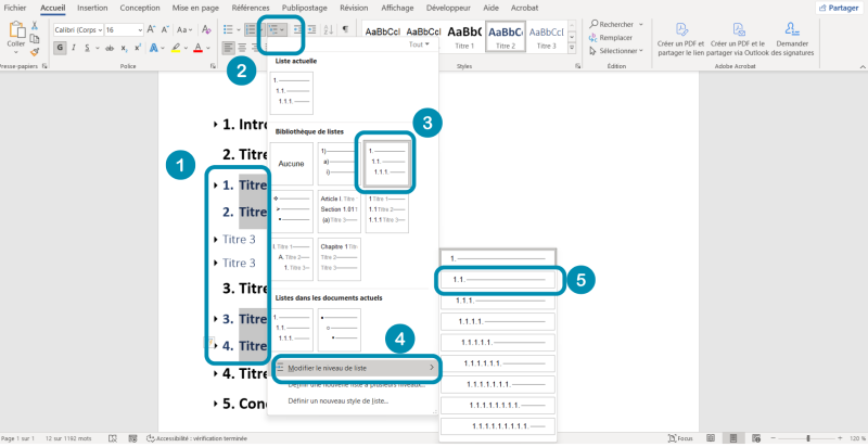 Interface Word affichant le menu de gestion des listes hiérarchiques avec le niveau 1.1 sélectionné.