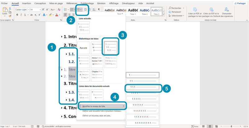 Interface Word affichant le menu de gestion des listes hiérarchiques avec le niveau 1.1.1 sélectionné.