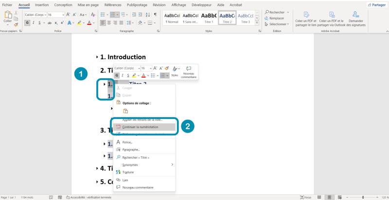 Interface Word montrant un clic droit sur la numérotation d’un titre de niveau 2. Le menu contextuel affiche l’option “Continuer la numérotation”, utilisée pour aligner la numérotation des sous‑titres avec celle des titres précédents.