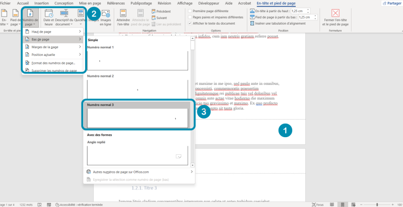 Interface Word des "en-têtes et pieds de pages Interface Word des "en-têtes et pieds de pages