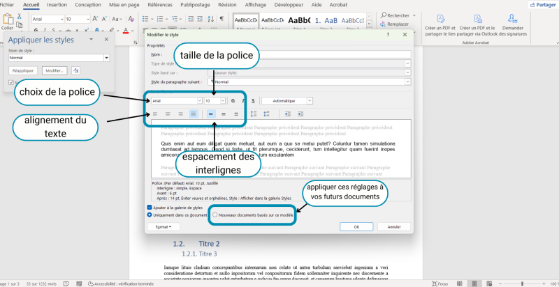 Fenêtre de modification du style "Normal"