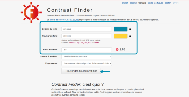 Contrast Finder : interface de l'outil avec un contraste invalide Contrast Finder : interface de l'outil avec un contraste invalide