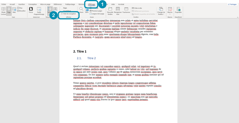Interface Word montrant l'onglet "Affichage" dans le bandeau.